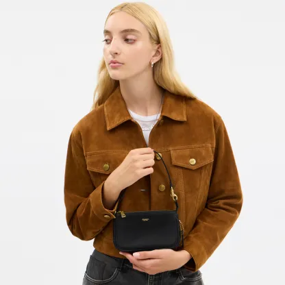 COACH®,Plaza Bag 18,Leather,Shoulder Bag,Compact,Lined,Adjustable,Brass,Gold Metal,Day Party,Black,Detail View
