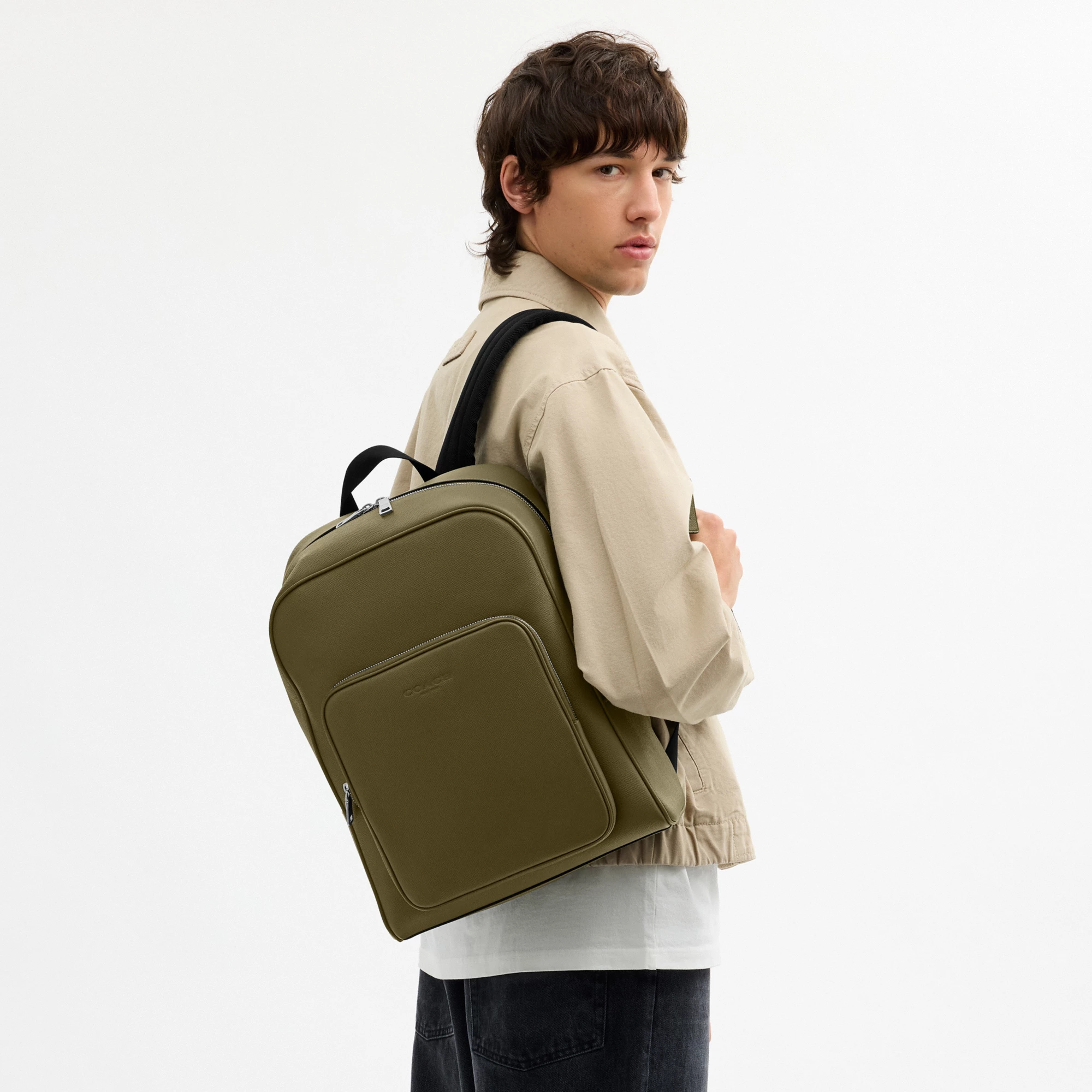 COACH®,Aiden Backpack,Recycled Polyester,Leather,Backpack,Logo,Sustainable,Adjustable,Suitcase Sleeve,Durable Fabric,Silve...,Olive,Detail View
