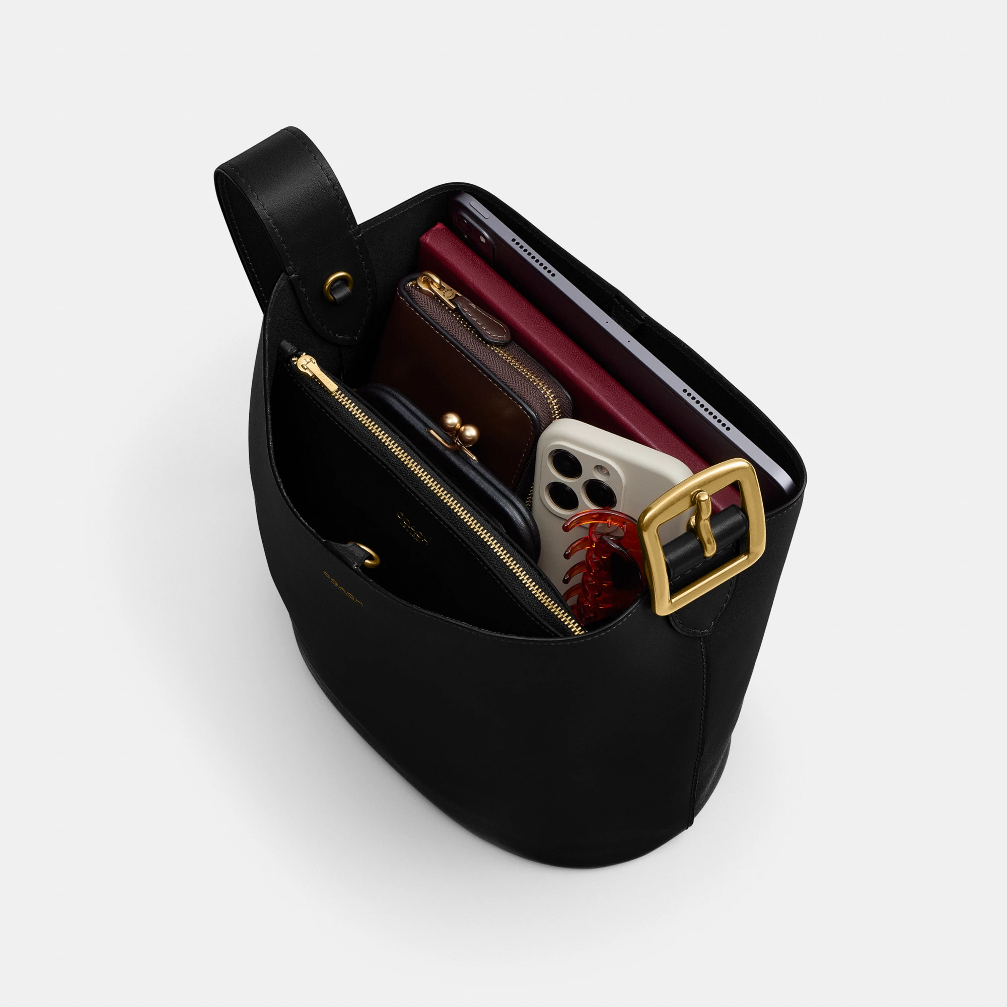 COACH®,Bleecker Bucket Bag,Leather,Bucket,Adjustable,Gold Metal,Casual,Black,Inside View,Top View