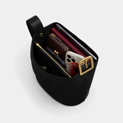 COACH®,Bleecker Bucket Bag,Leather,Bucket,Adjustable,Gold Metal,Casual,Black,Inside View,Top View