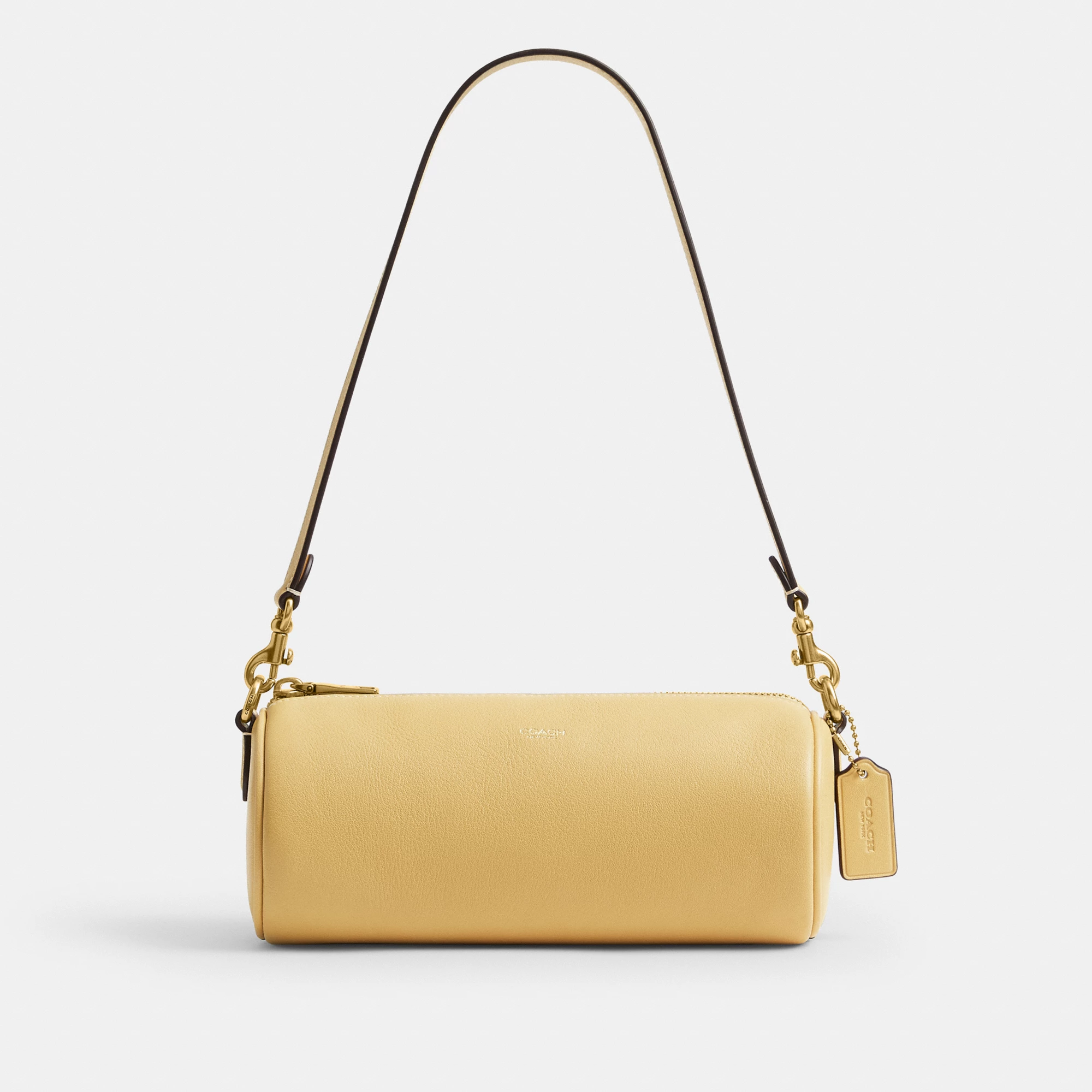COACH®,Barrel Bag,Cotton,Leather,Barrel Bag,Pendant,Sustainable,Lined,Gold Metal,Day Party,Yellow,Front View