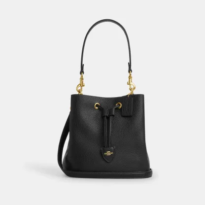 COACH®,Rowan Bucket Bag,Leather,Bucket,Metal,Logo,Casual,Black,Front View