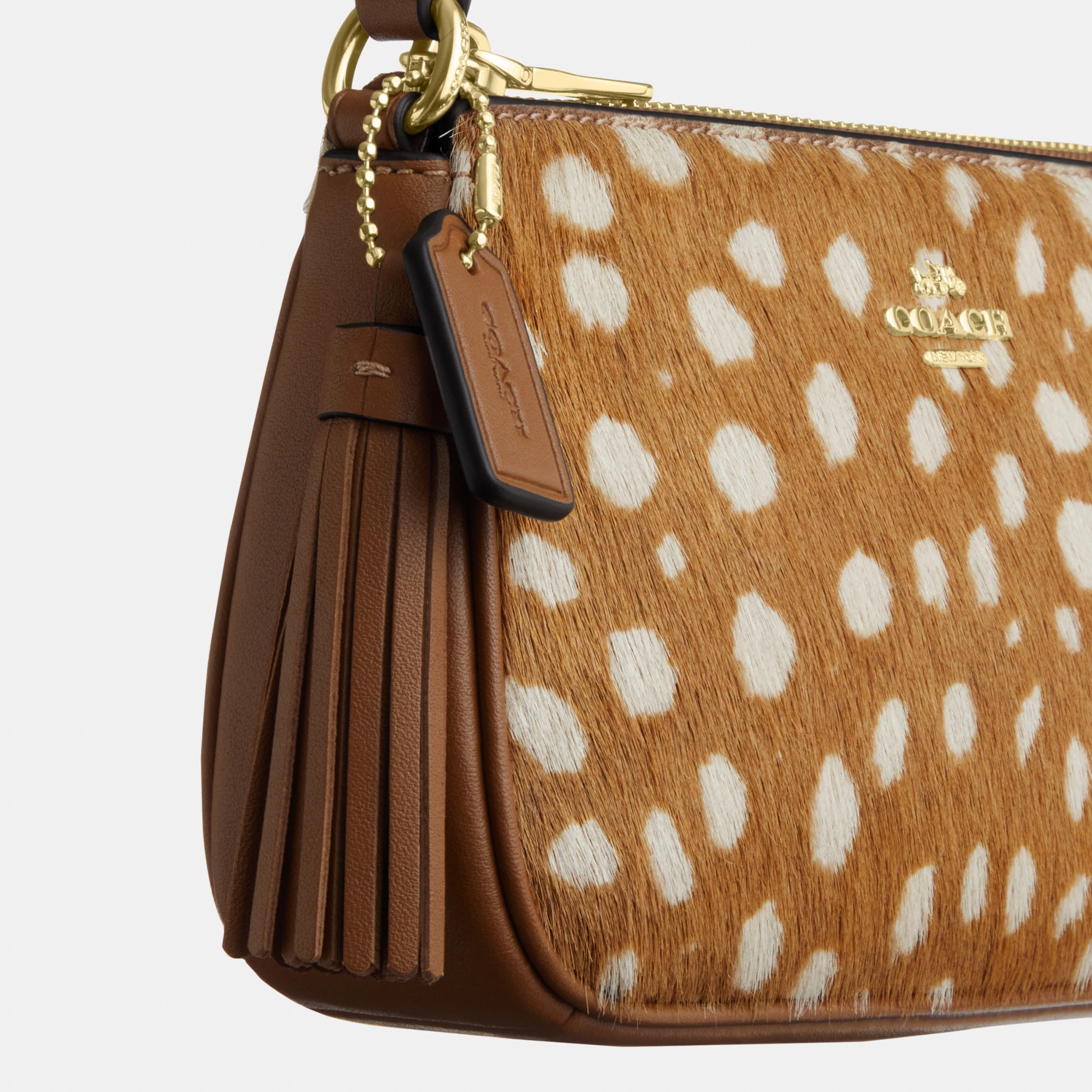 COACH®,Nolita 19 With Deer Print,Recycled Polyester,Calf Hair,Leather,Pouch,Metal Material,Lined,Sustainable,Gold Metal,Ca...,Brown,Closer View
