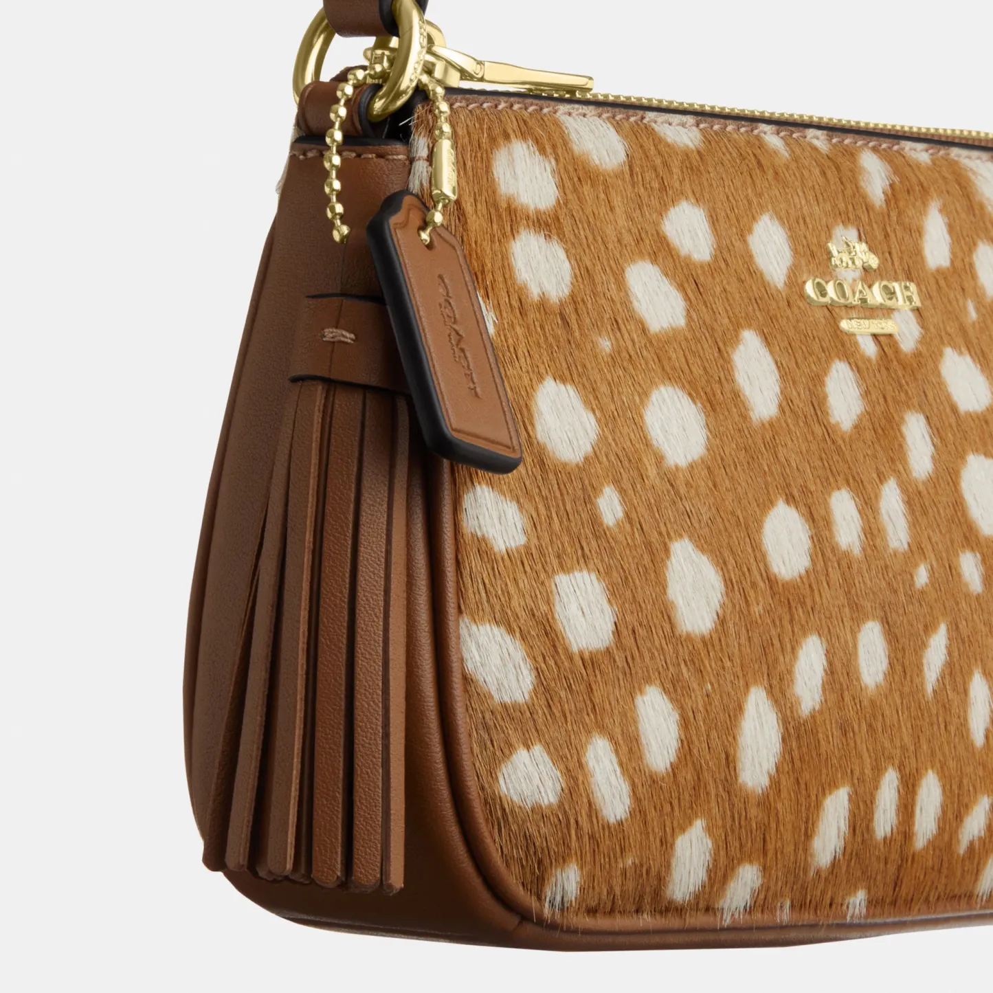 COACH®,Nolita 19 With Deer Print,Recycled Polyester,Calf Hair,Leather,Pouch,Metal Material,Lined,Sustainable,Gold Metal,Ca...,Brown,Closer View