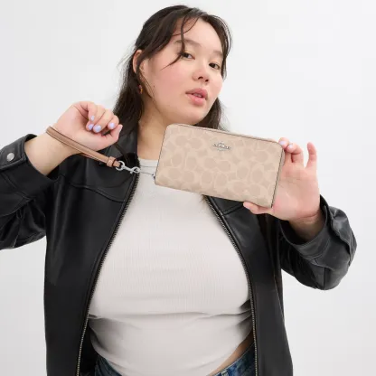 COACH®,Long Zip Around Wallet In Signature Canvas,Continental,Coin,Sustainable,Casual,Beige,Detail View