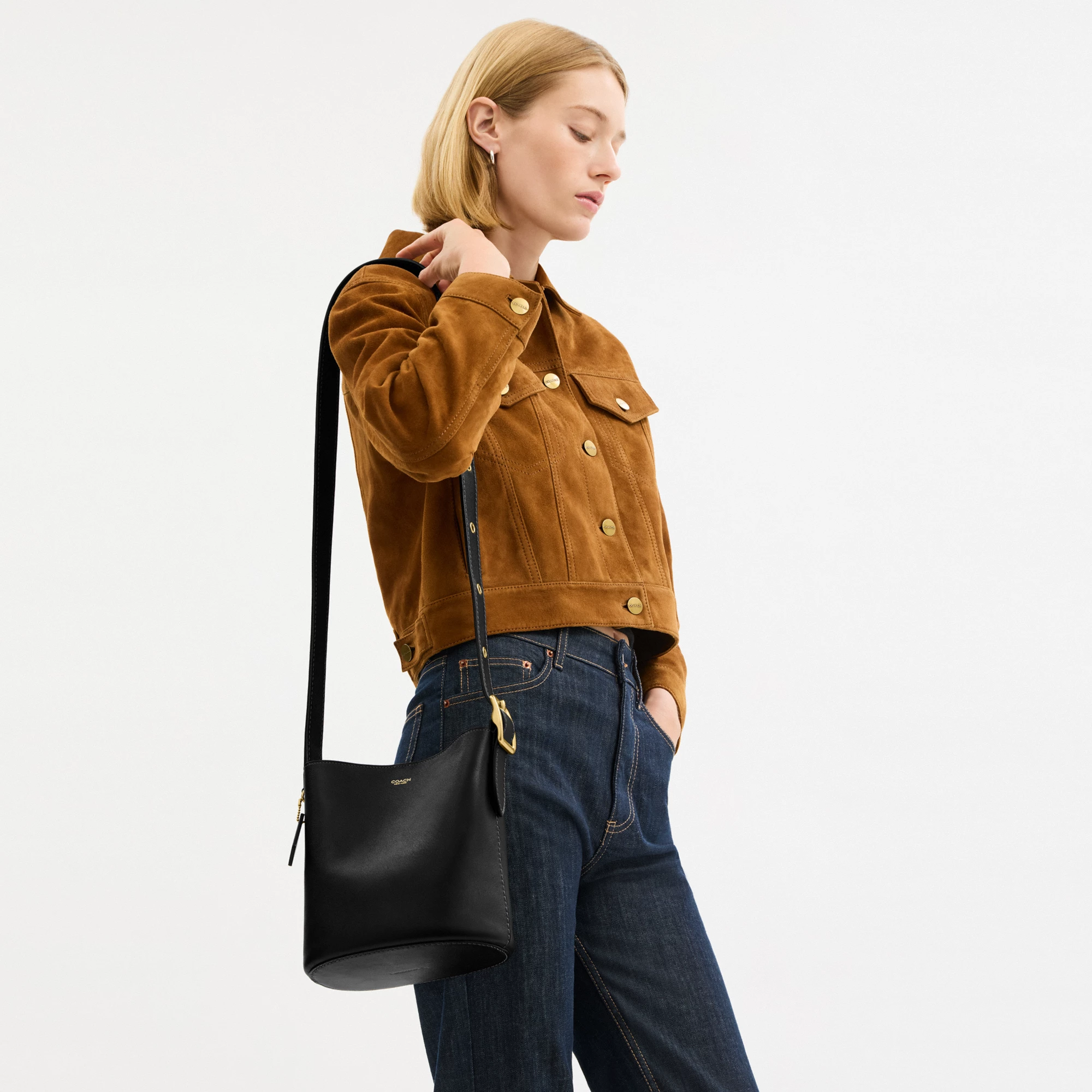 COACH®,Bleecker Bucket Bag 21,Leather,Bucket,Adjustable,Compact,Removable Pouch,Gold Metal,Casual,Black