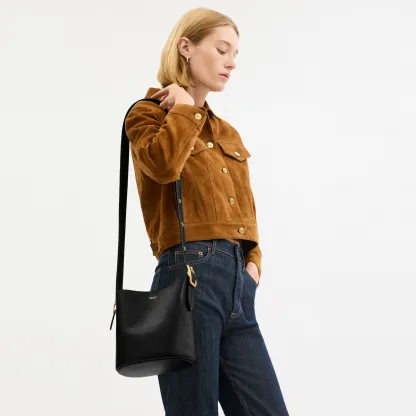 COACH®,Bleecker Bucket Bag 21,Leather,Bucket,Adjustable,Compact,Removable Pouch,Gold Metal,Casual,Black