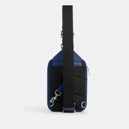 COACH®,Ray Pack,Recycled Polyester,Leather,Crossbody,Slingback,Metal Material,Logo,Adjustable,Silver Metal,Casual,Blue,Back View