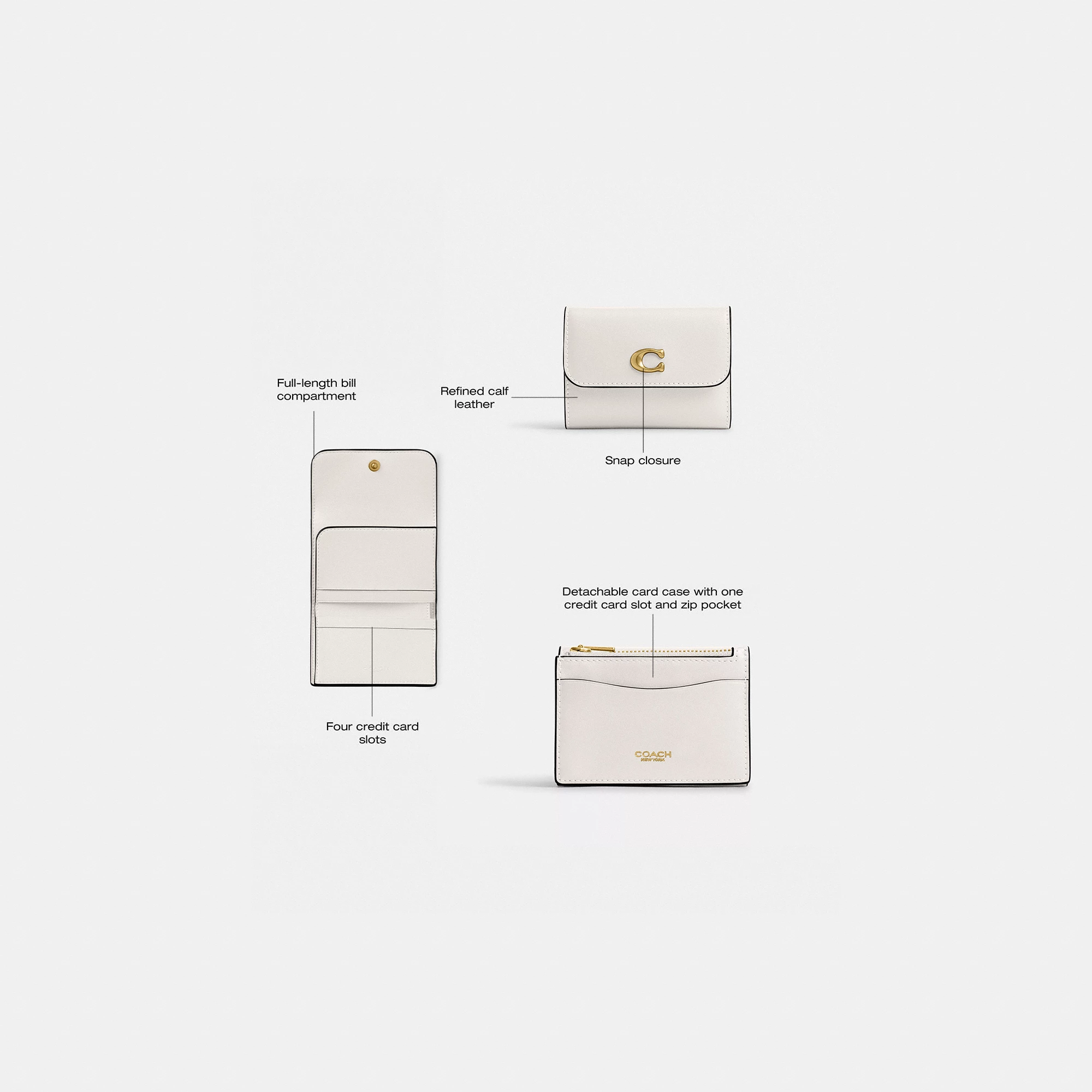 COACH®,Essential Card Holder Wallet,Leather,Calfskin Leather,Card Case,Bi Fold,Logo,Metal,Casual,White
