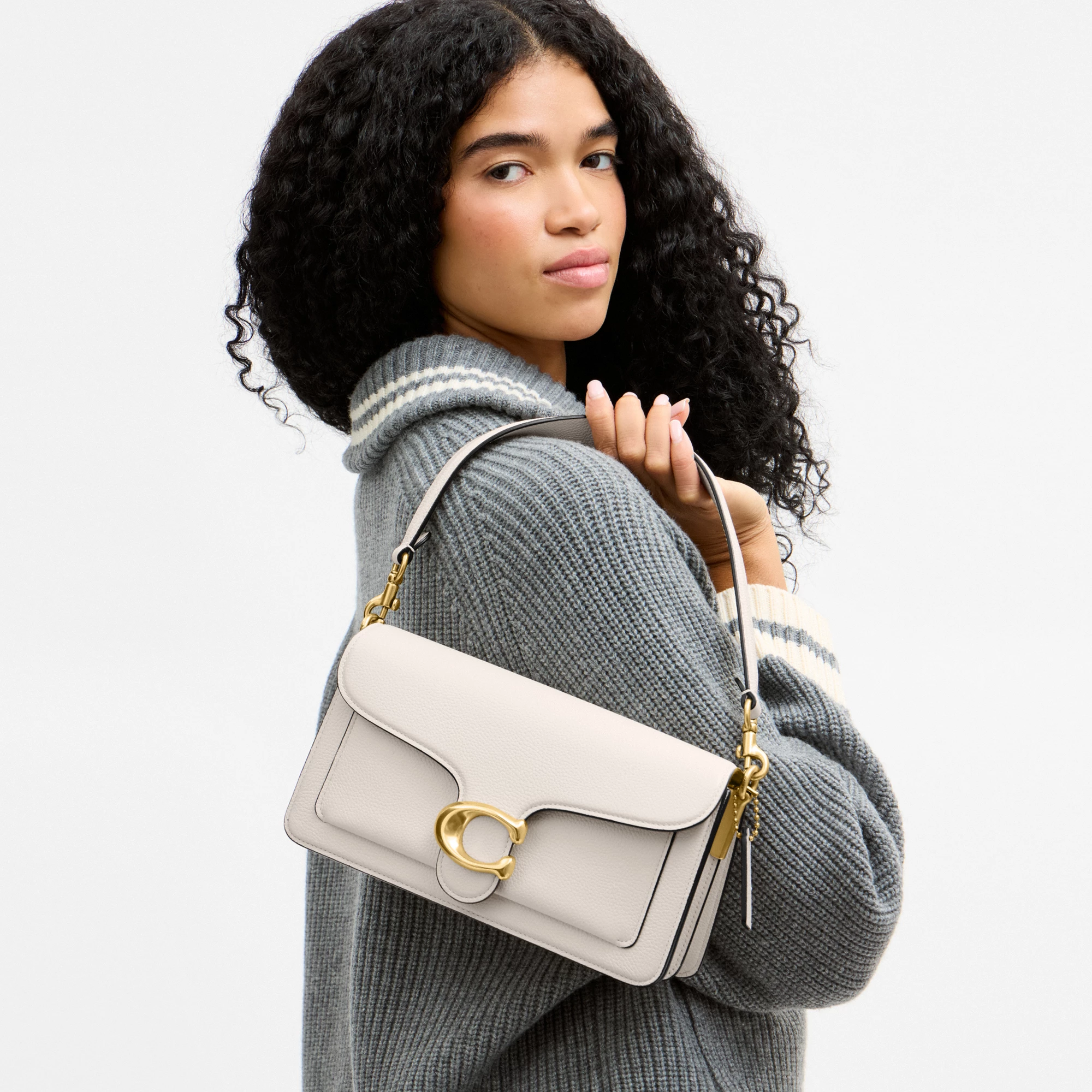 COACH®,Tabby Shoulder Bag 26,Leather,Shoulder Bag,Crossbody,Logo,Gusset,Gold Metal,Casual,White,Detail View
