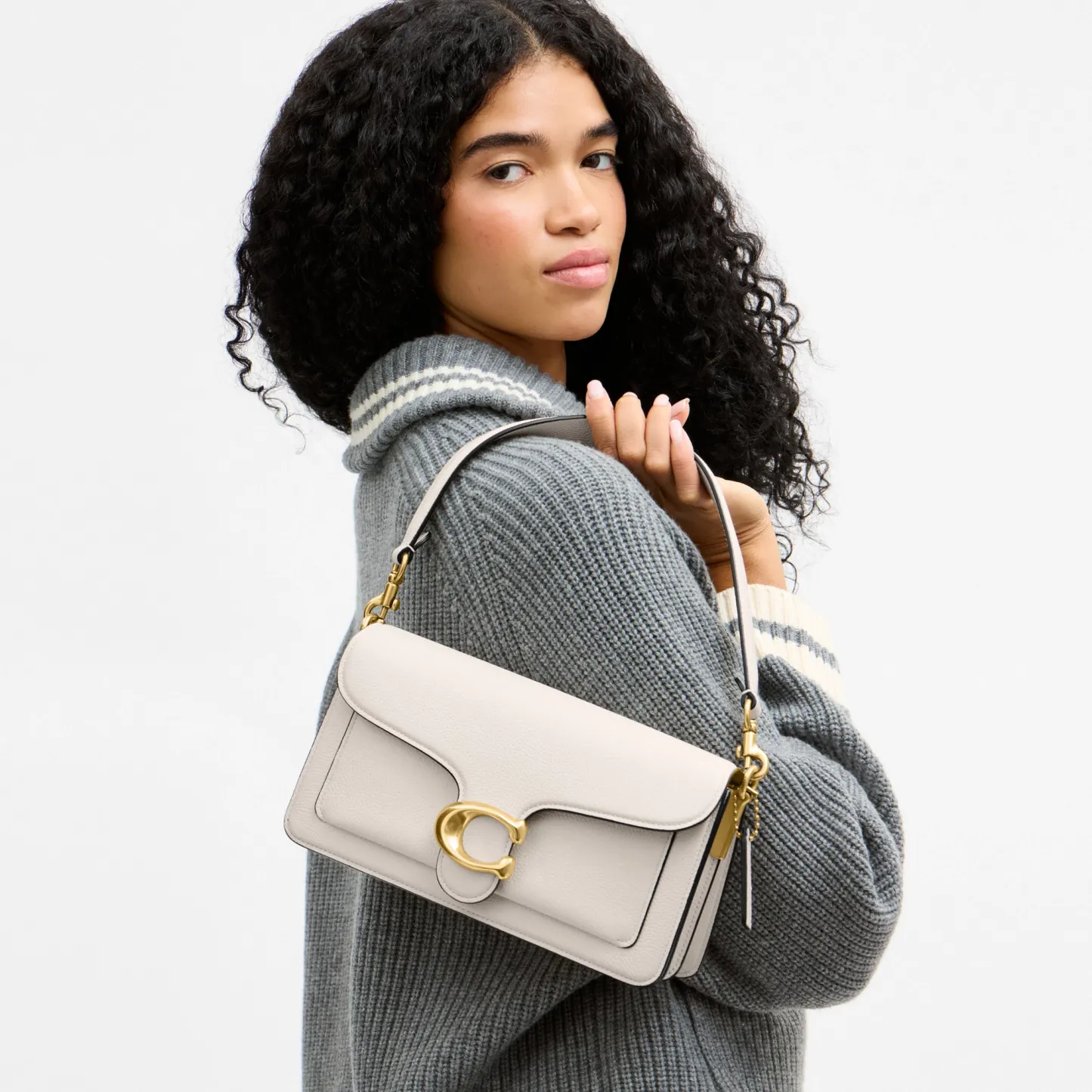 COACH®,Tabby Shoulder Bag 26,Leather,Shoulder Bag,Crossbody,Logo,Gusset,Gold Metal,Casual,White,Detail View