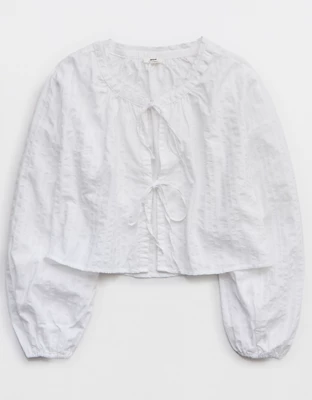 Aerie Seersucker Long Sleeve Volume Tie Top - White