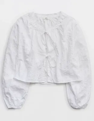 Aerie Seersucker Long Sleeve Volume Tie Top - White