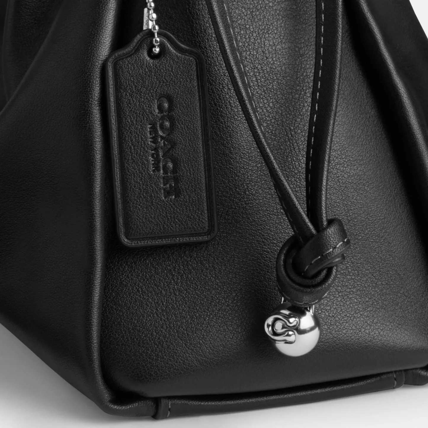 COACH®,Faye Large Shoulder Bag,Leather,Bucket,Logo,Ruched,Metal,Shoulder Guard,Lined,Silver Metal,Day Party,Black,Closer View