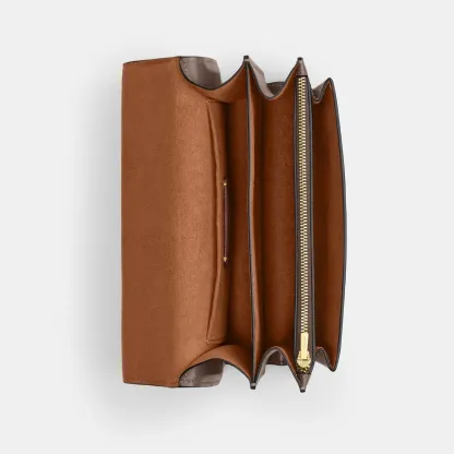 COACH®,Klare Crossbody Bag,Calfskin Leather,Leather,Crossbody,Metal,Logo,Luggage Tag,Adjustable,Lined,Compact,Gold Metal,D...,Brown,Inside View,Top View