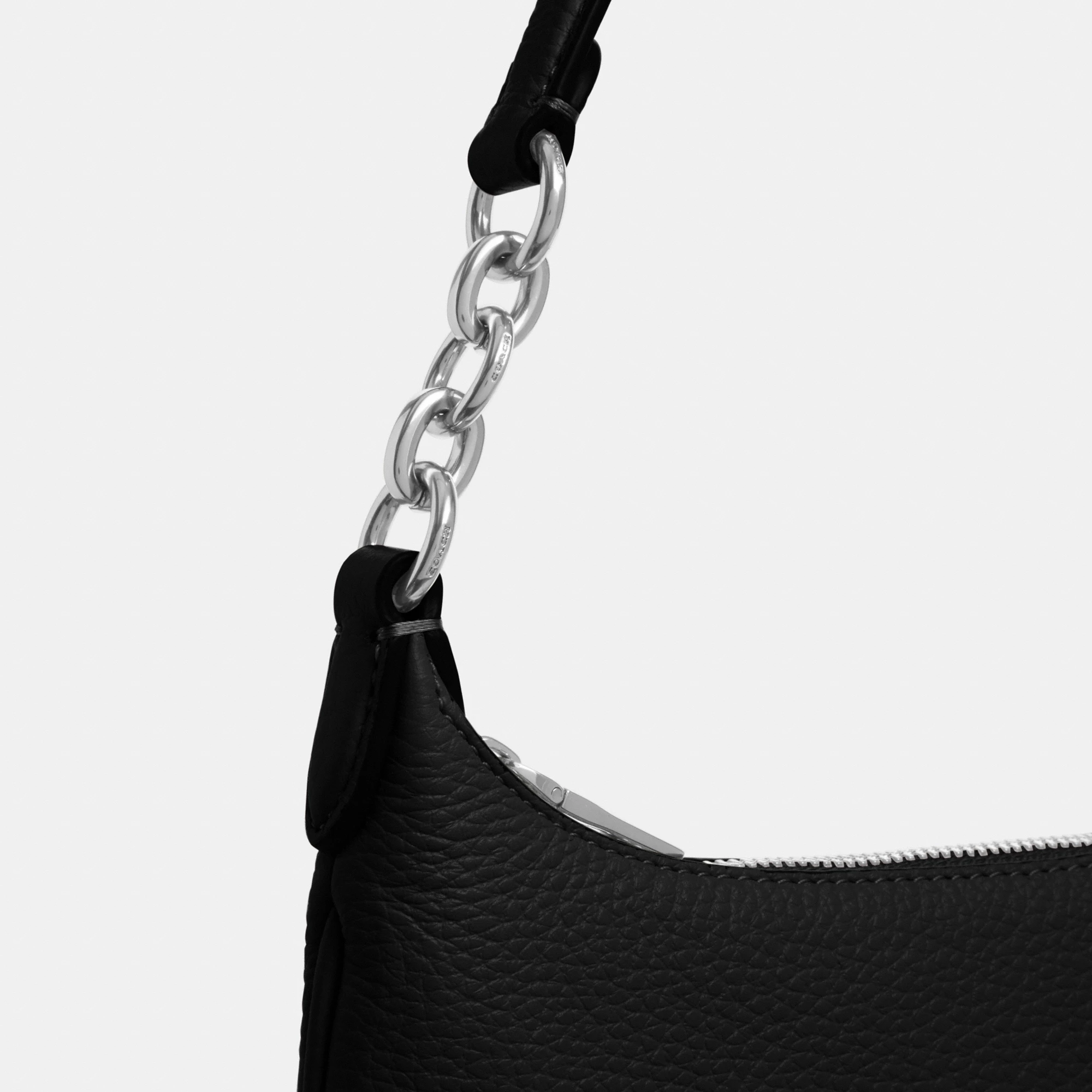 COACH®,Mini Payton Bag,Leather,Recycled Polyester,Shoulder Bag,Logo,Metal,Chain Detail,Compact,Gold Metal,Day Party,Black,Closer View