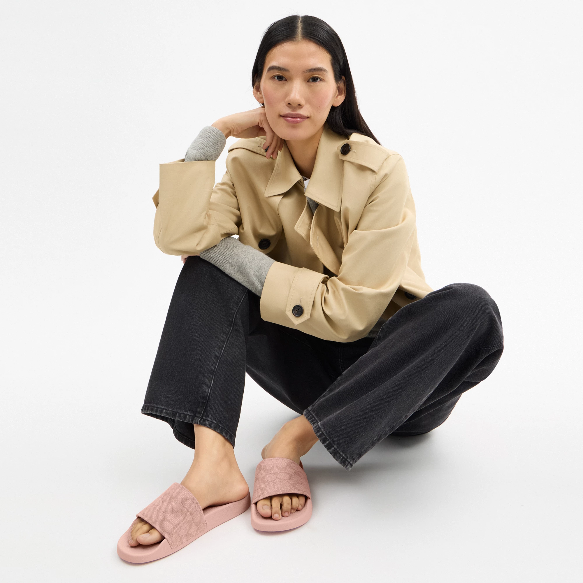 COACH®,Udele Sport Slide In Signature Jacquard Canvas,Rubber,EVA,Canvas,Slides,Fabric,Logo,Pull Tab,Casual,Blush,Detail View