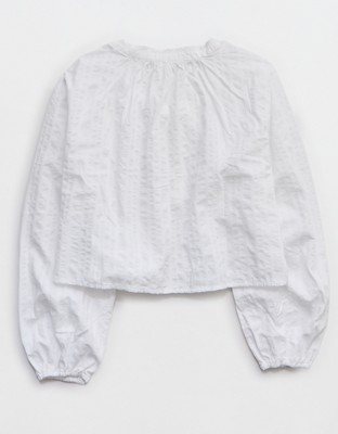 Aerie Seersucker Long Sleeve Volume Tie Top - White