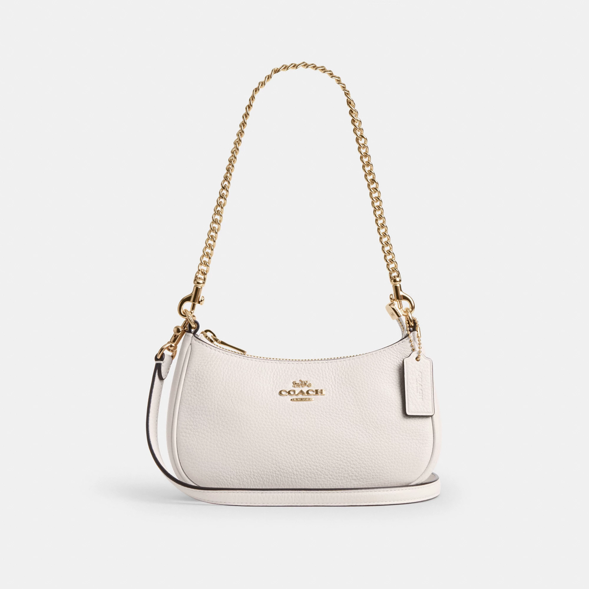 COACH®,Teri Mini Crossbody Bag,Leather,Recycled Polyester,Crossbody,Logo,Adjustable,Compact,Gold Metal,Casual,White,Front View