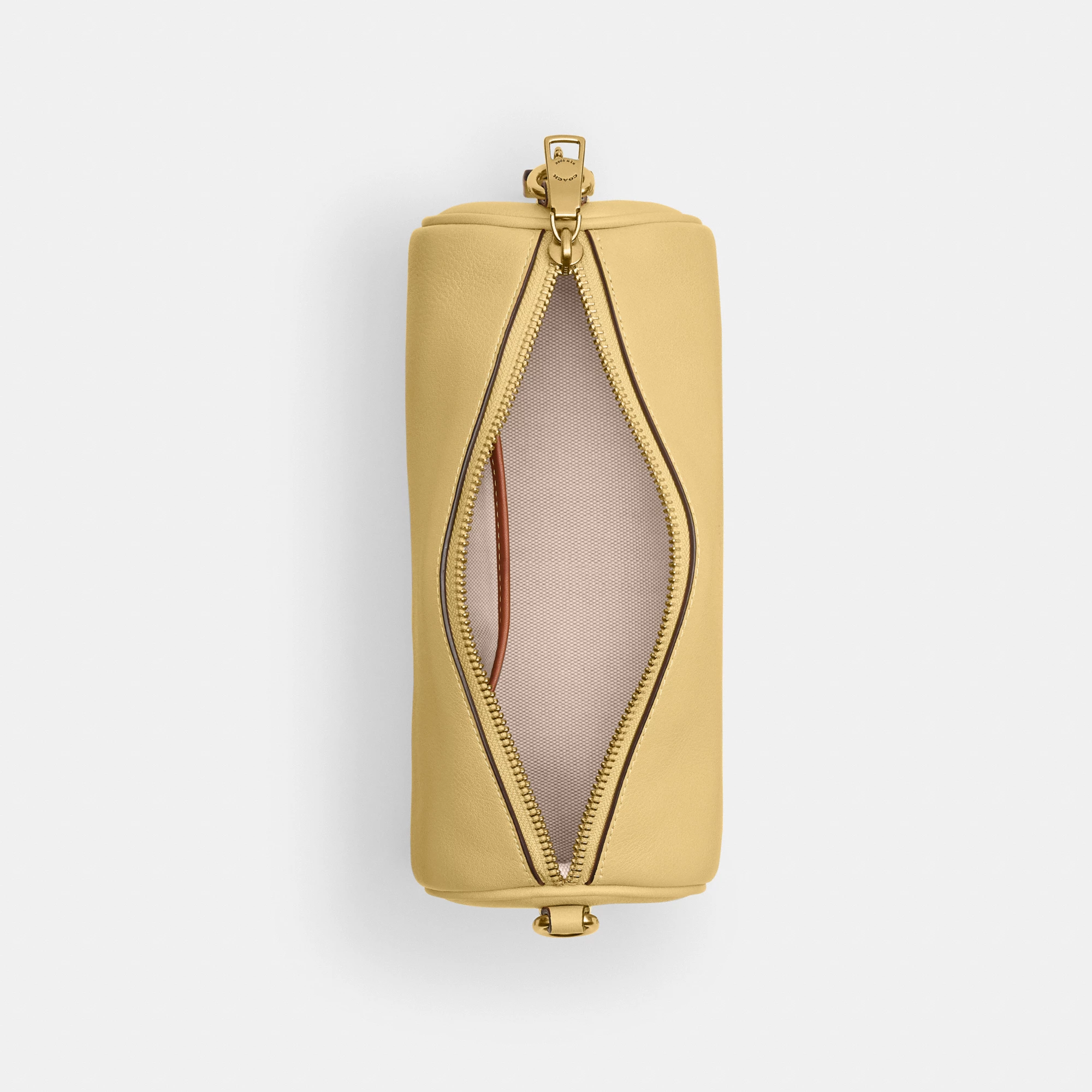 COACH®,Barrel Bag,Cotton,Leather,Barrel Bag,Pendant,Sustainable,Lined,Gold Metal,Day Party,Yellow,Inside View,Top View