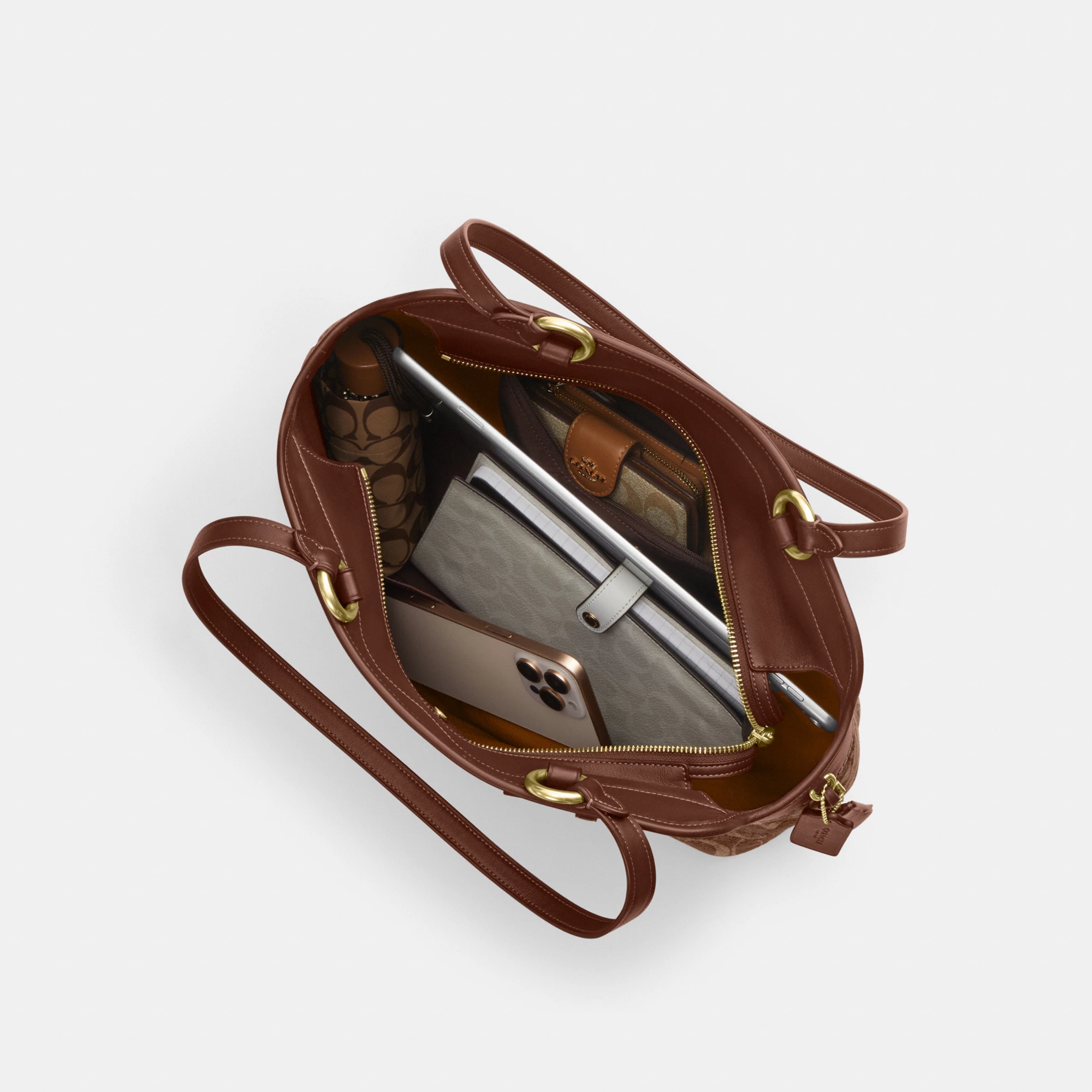 COACH®,Easton Tote Bag In Signature Chenille,Leather,Tote,Logo,Color Block,Lined,Stain Resistant,Gold Metal,Work,Brown,Inside View,Top View