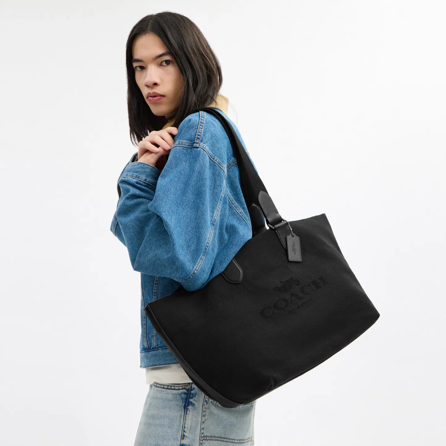 COACH®,Small Tour Tote Bag,Fabric,Canvas,Leather,Tote,Logo,Casual,Black,Detail View