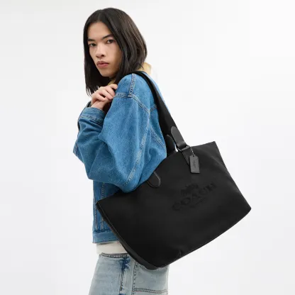 COACH®,Small Tour Tote Bag,Fabric,Canvas,Leather,Tote,Logo,Casual,Black,Detail View