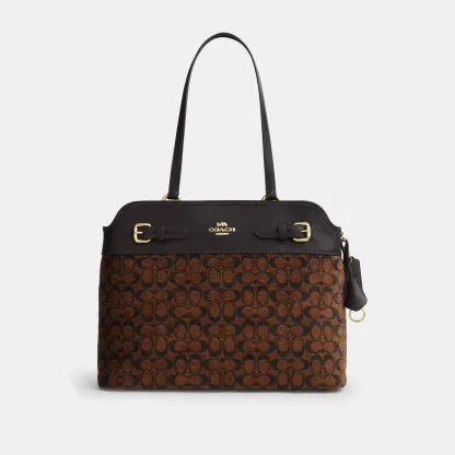 COACH®,Easton Tote Bag In Signature Chenille,Leather,Tote,Logo,Color Block,Lined,Stain Resistant,Gold Metal,Work,Brown,Front View