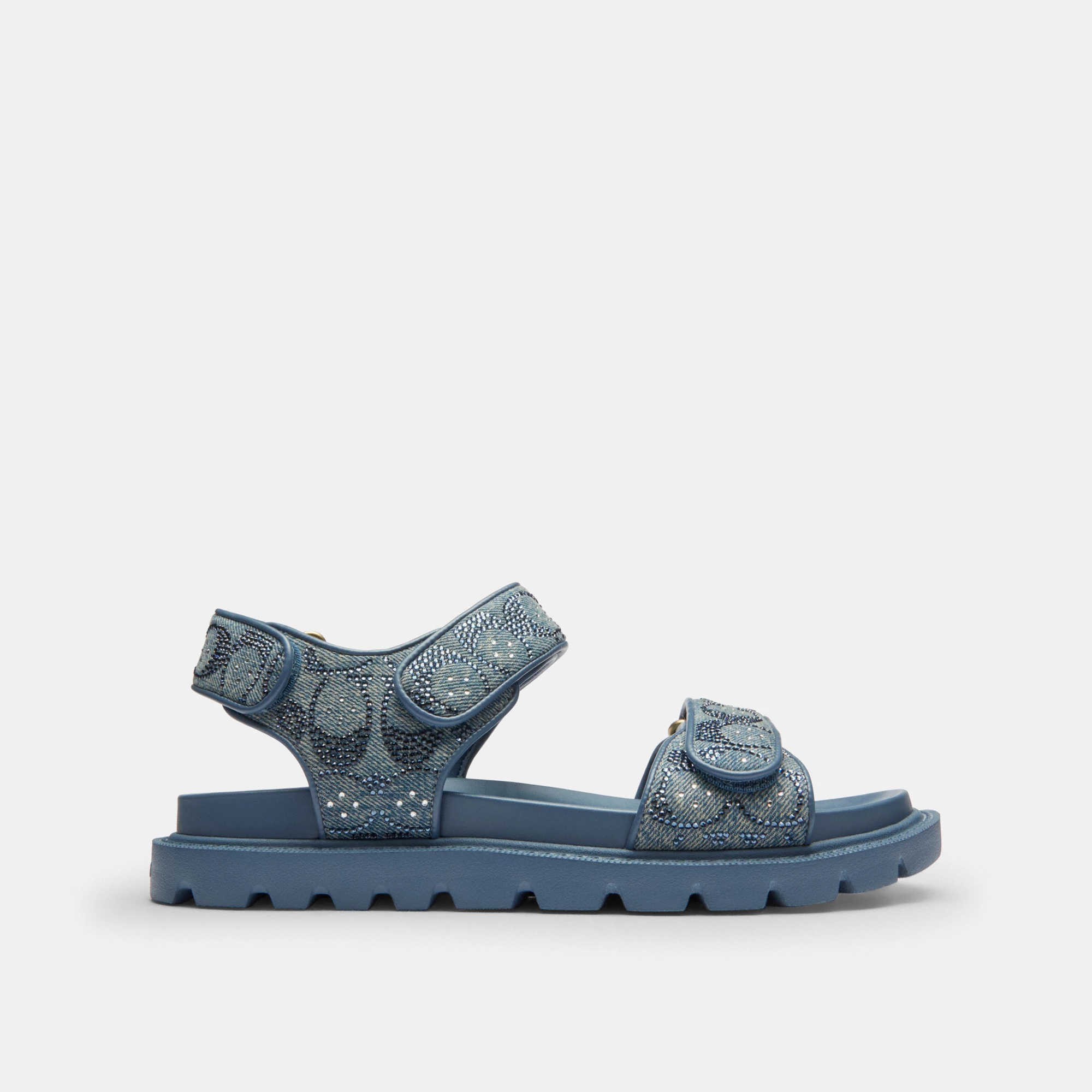 COACH®,Brynn Sandal In Crystal Signature Denim,Denim,Faux Leather,Cotton,Sandals,Crystal,Logo,Shoe Straps,Flexible,Sustain...,Blue,Angle View