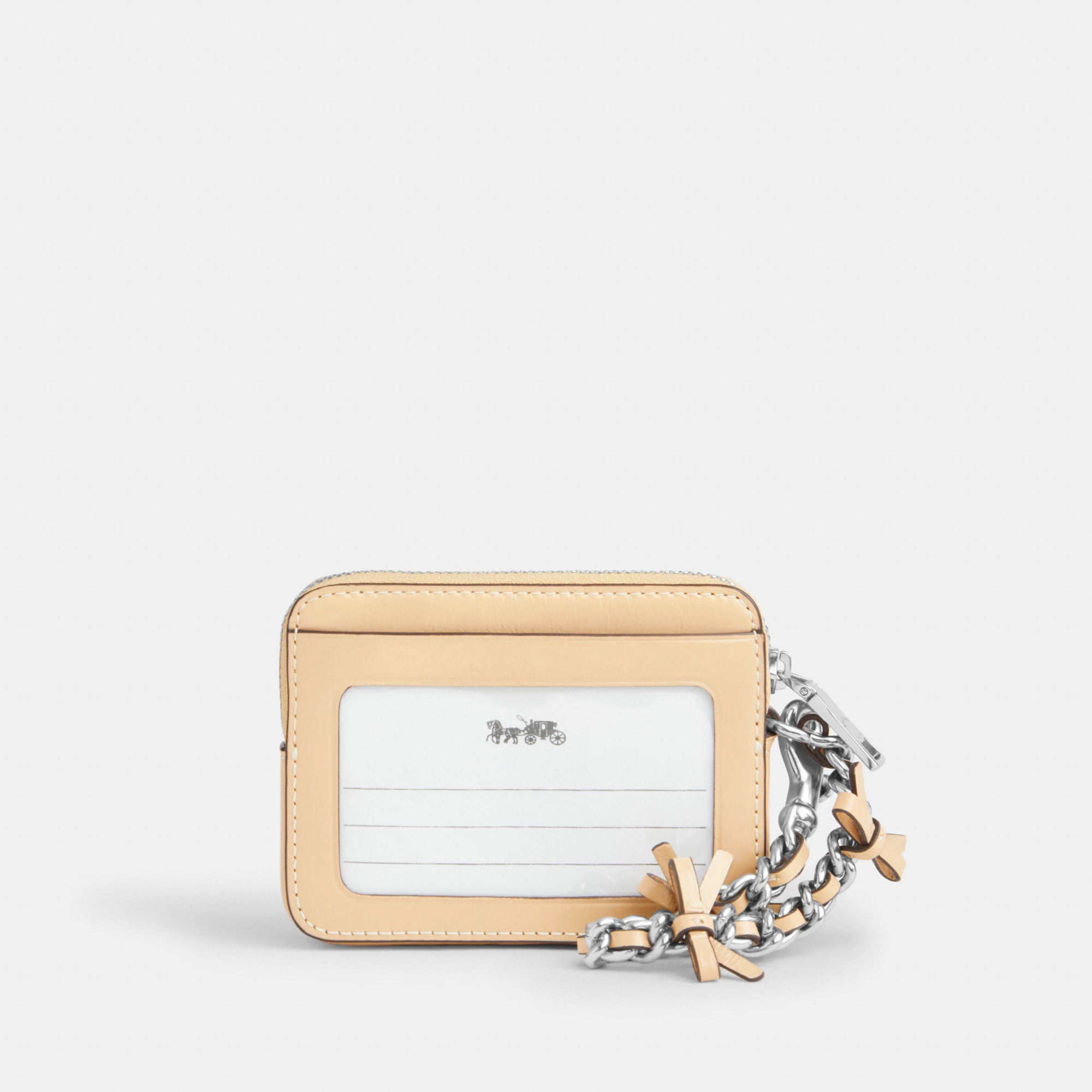 COACH®,Zip Card Case With Bows,Leather,Card Case,Metal Material,Logo,Bow,Key Ring,Silver Metal,Casual,Cream,Back View