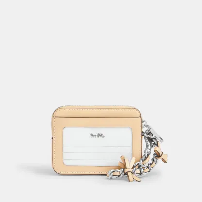 COACH®,Zip Card Case With Bows,Leather,Card Case,Metal Material,Logo,Bow,Key Ring,Silver Metal,Casual,Cream,Back View