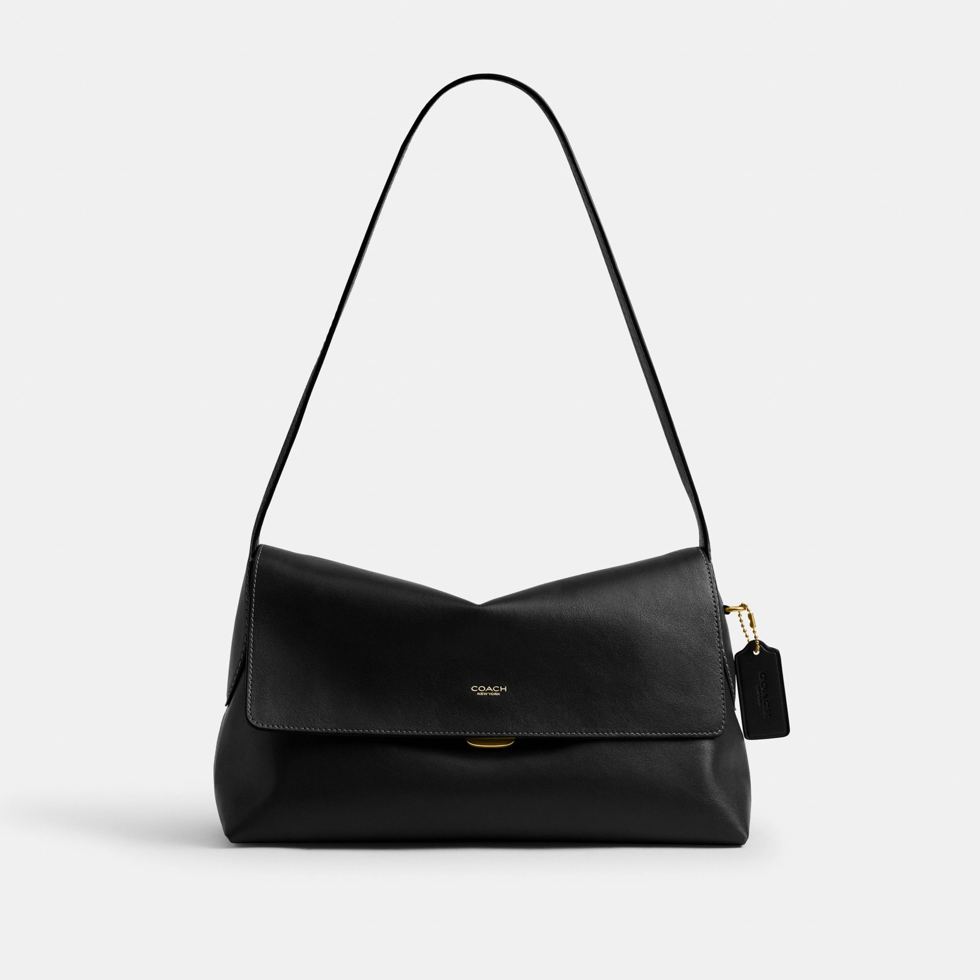 COACH®,Chelsea Shoulder Bag 30,Suede,Leather,Shoulder Bag,3D Embellishment,Metal,Pendant,Lined,Brass,Casual,Black,Front View