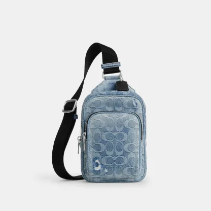 COACH®,Racer Sling Pack In Loved Signature Denim,Cotton,Denim,Leather,Slingback,Adjustable,Sustainable,Silver Metal,Casual...,Blue,Front View