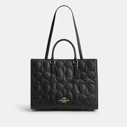 COACH®,Maggie Tote Bag In Signature Leather,Leather,Tote,Work,Black,Front View