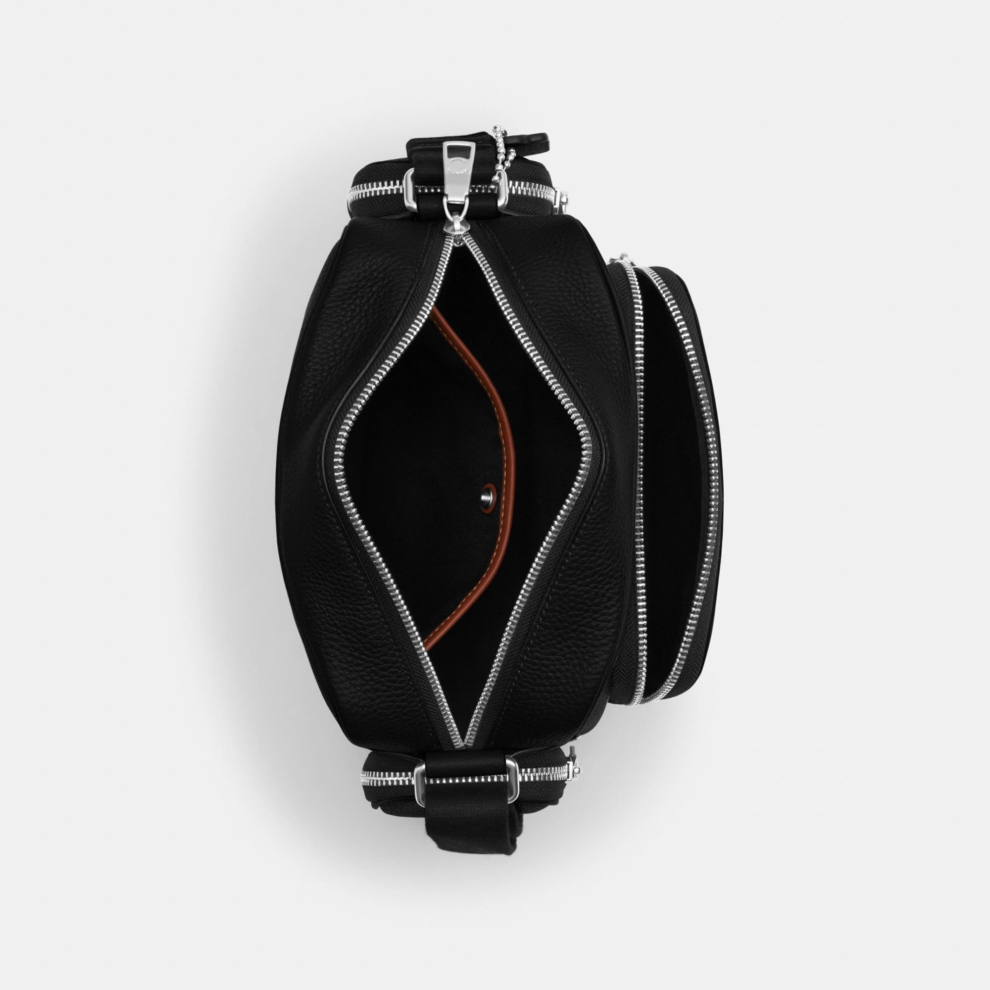 COACH®,Fletcher Crossbody Bag,Leather,Crossbody,Metal Material,Metal,Sustainable,Adjustable,Silver Metal,Casual,Black,Inside View,Top View
