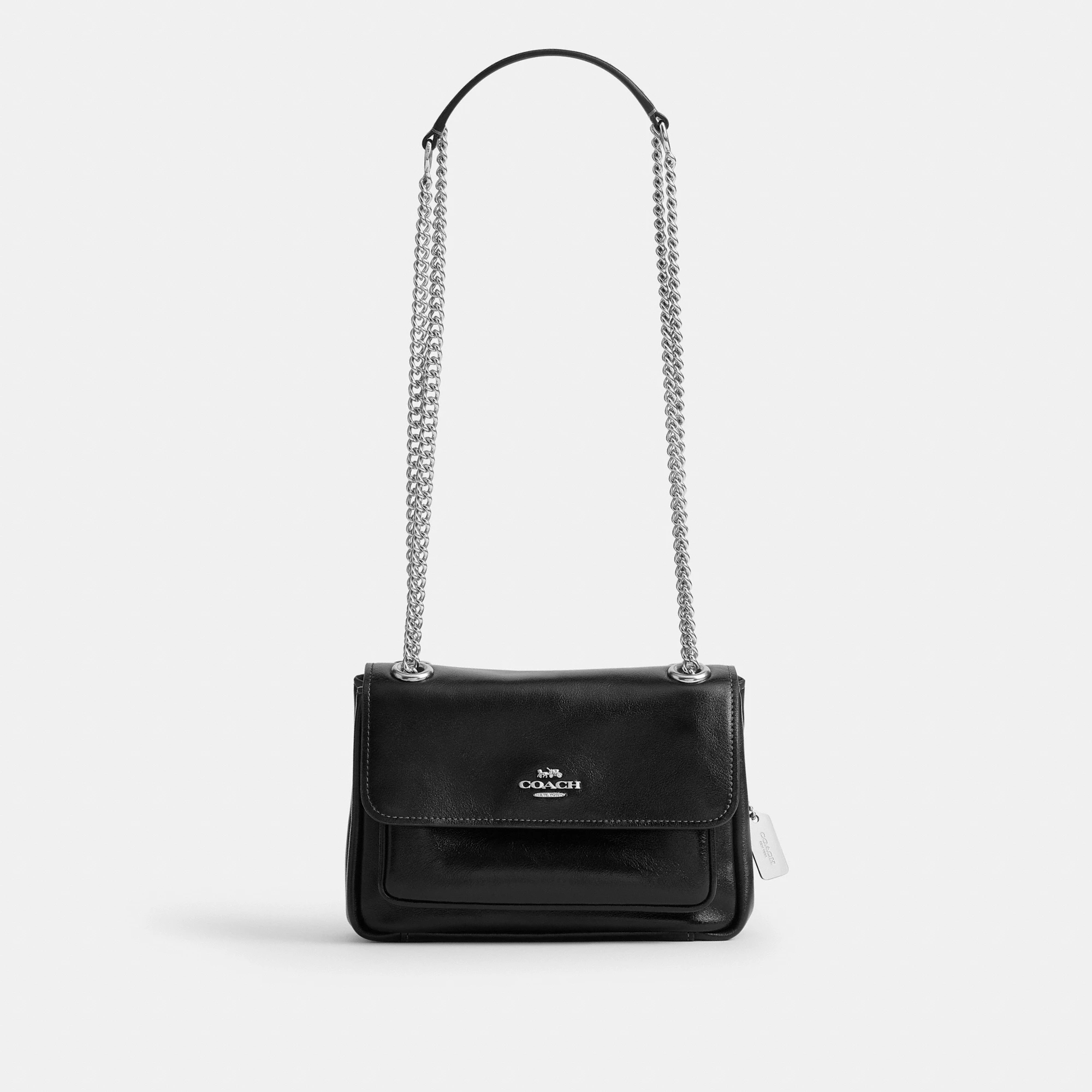 COACH®,Elodie Crossbody Bag 18,Leather,Recycled Polyester,Crossbody,Logo,Sustainable,Adjustable,Silver Metal,Casual,Black,Front View