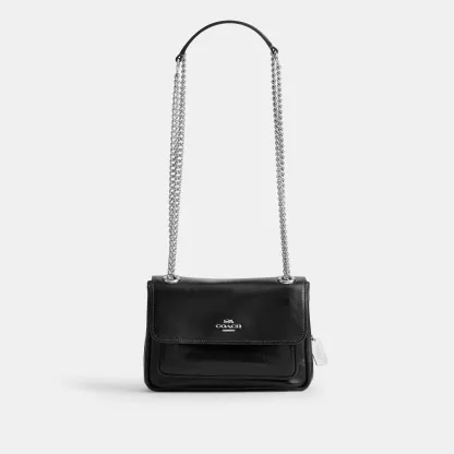 COACH®,Elodie Crossbody Bag 18,Leather,Recycled Polyester,Crossbody,Logo,Sustainable,Adjustable,Silver Metal,Casual,Black,Front View