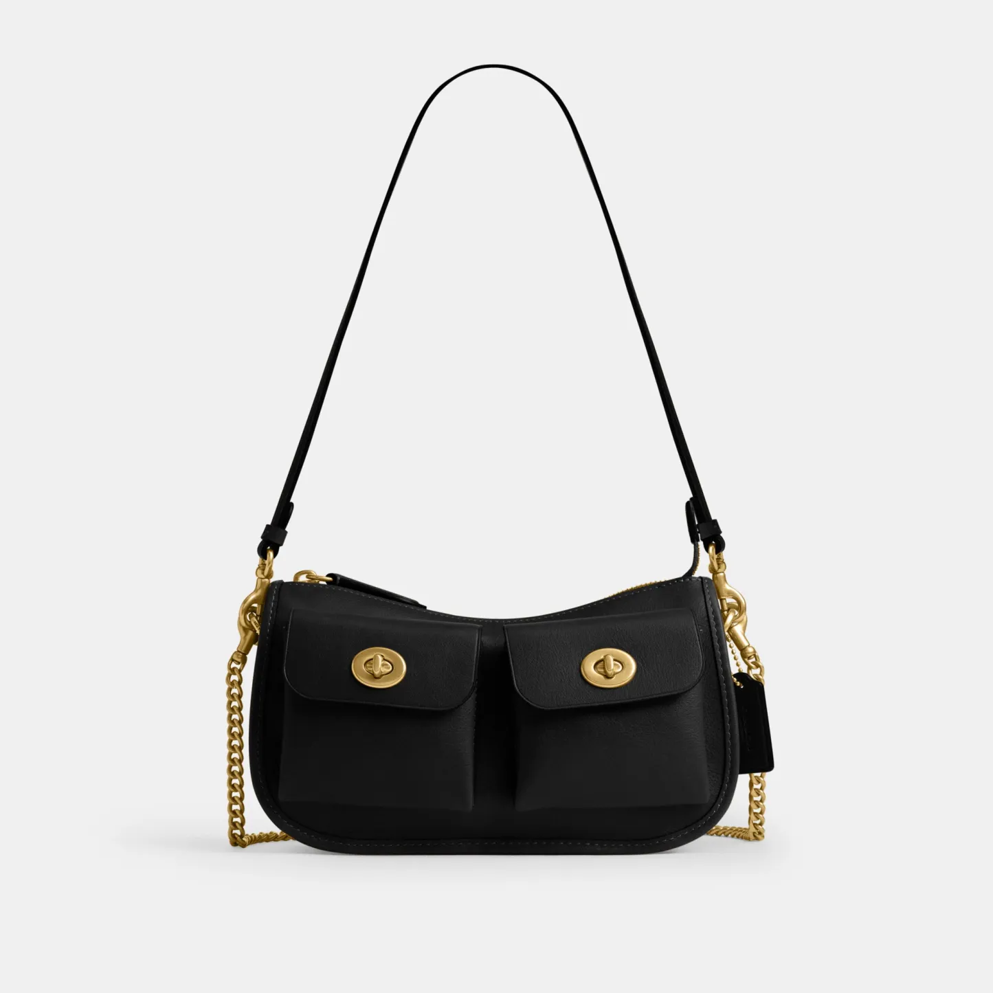 COACH®,Twin Turnlock Waverly Bag,Leather,Cotton,Shoulder Bag,Pendant,Compact,Gold Metal,Day Party,Black,Front View