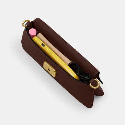 COACH®,Jet Shoulder Bag,Calfskin Leather,Shoulder Bag,Logo,Metal,Gold Metal,Casual,Brown,Inside View,Top View