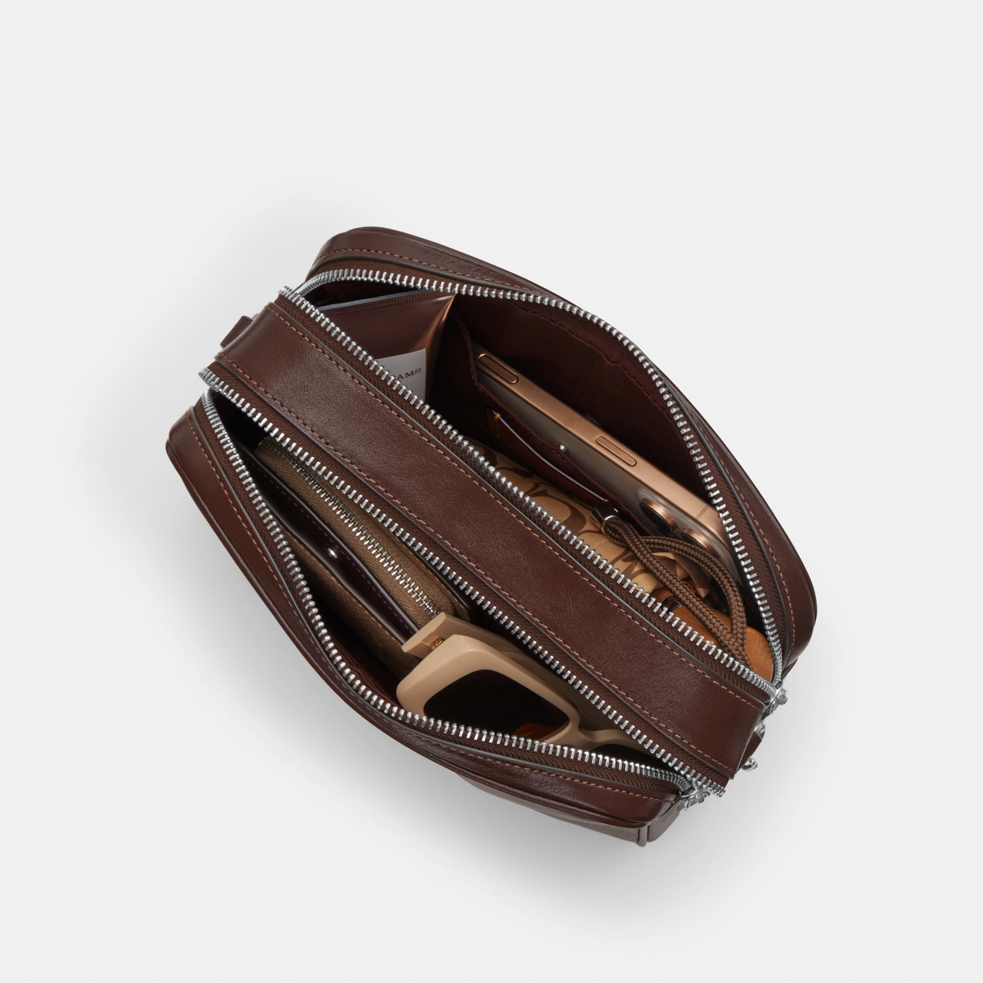 COACH®,Carey Crossbody Bag,Recycled Polyester,Leather,Camera Bag,Metal,Logo,Adjustable,Lined,Gold Metal,Casual,Brown,Inside View,Top View