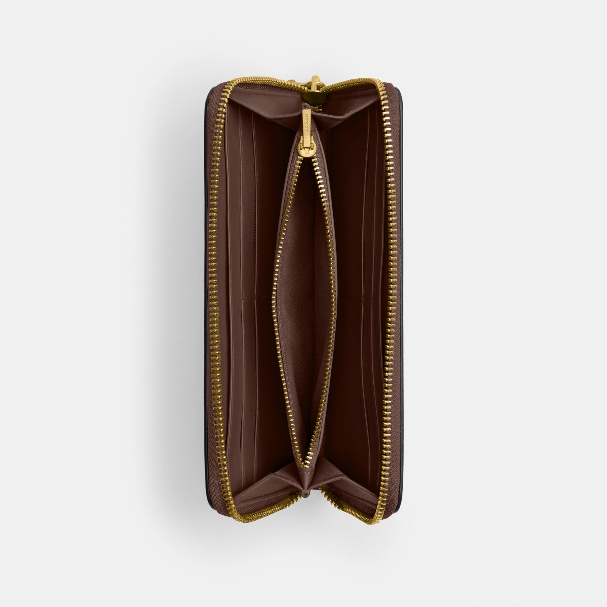 COACH®,Essential Slim Accordion Zip Wallet,Calfskin Leather,Leather,Continental,Logo,Metal,Casual,Brown,Inside View,Top View