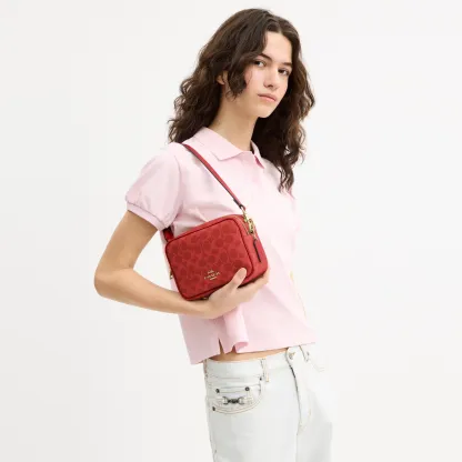 COACH®,Mini Carey Crossbody Bag In Signature Canvas,Polyester,Leather,Canvas,Crossbody,Metal Material,Logo,Metal,Piping,Pe...,Red,Detail View