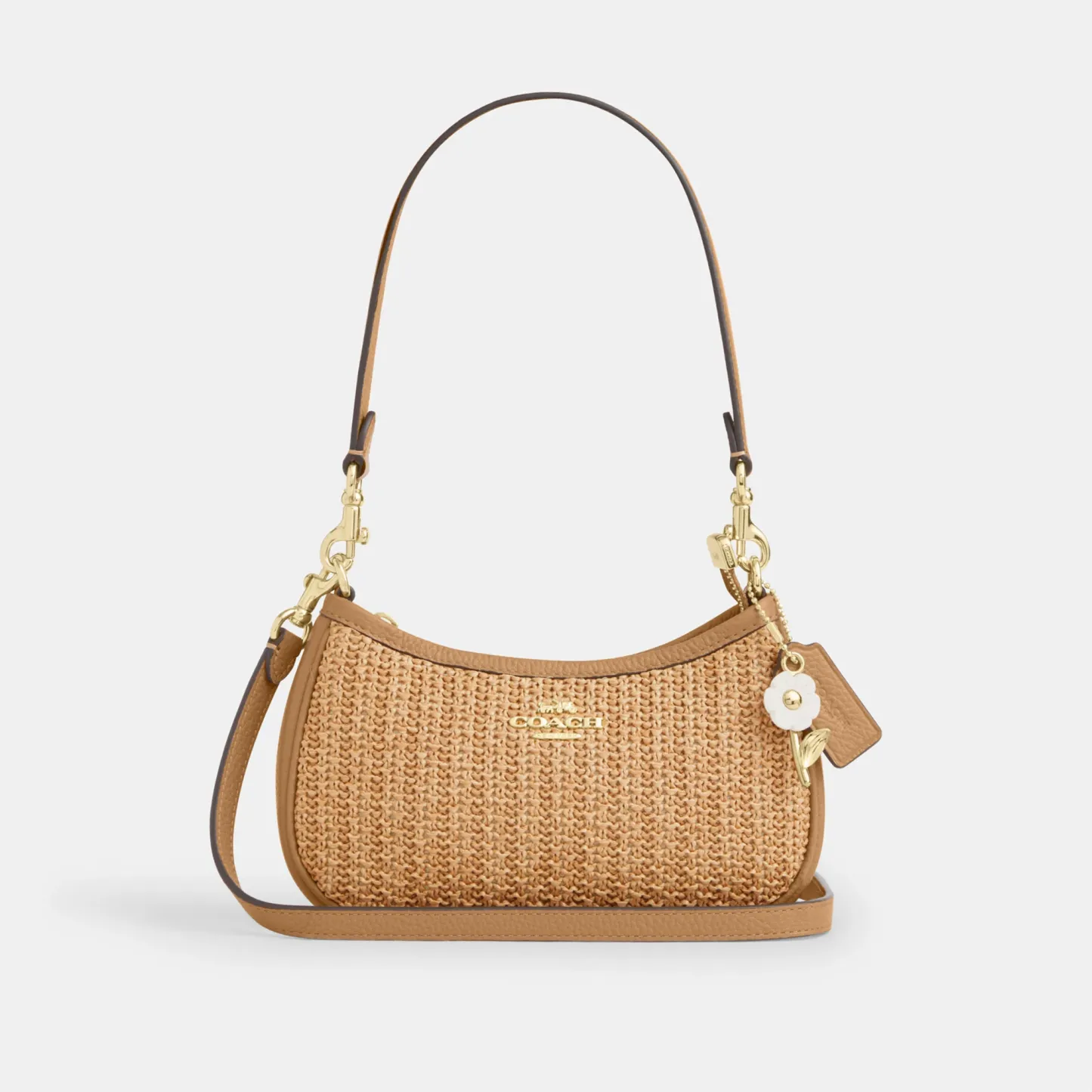 COACH®,Teri Mini Crossbody Bag,Leather,Recycled Polyester,Lining Polyester,Crossbody,Metal Material,Straw,Logo,Adjustable,...,Beige,Front View