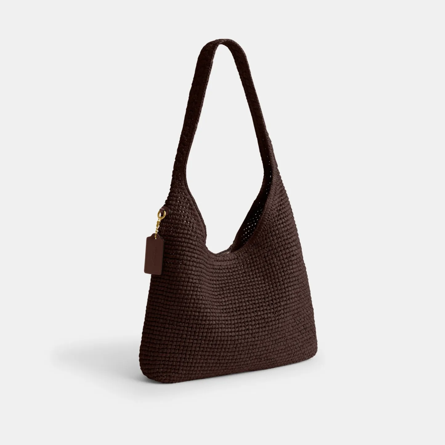 COACH®,Brooklyn Shoulder Bag 28,Calfskin Leather,Hobo,Straw,Applique,Pendant,Logo,Brass,Casual,Brown,Angle View