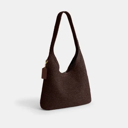 COACH®,Brooklyn Shoulder Bag 28,Calfskin Leather,Hobo,Straw,Applique,Pendant,Logo,Brass,Casual,Brown,Angle View