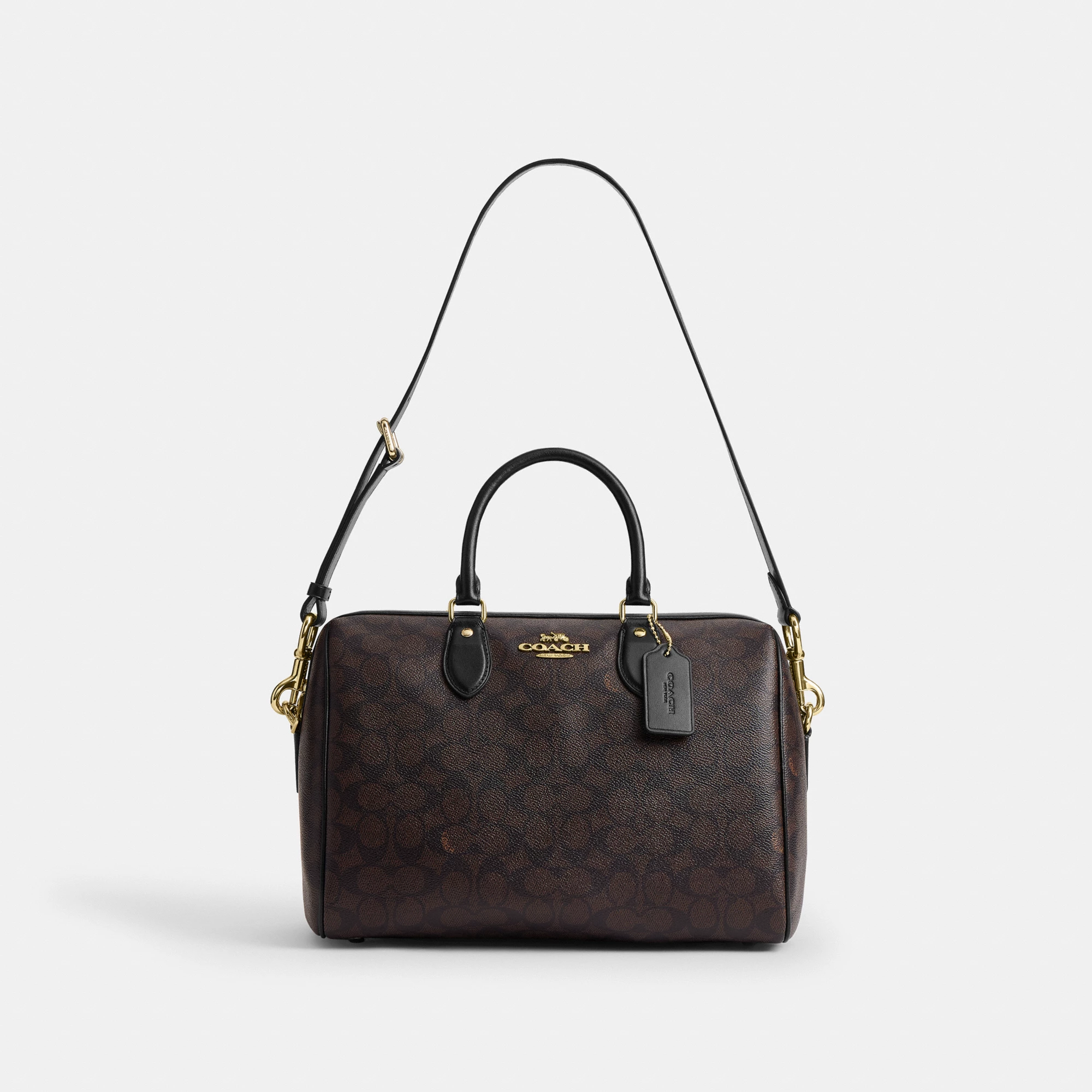 COACH®,Rowan Large Satchel Bag In Signature Canvas,Polyester,Leather,Canvas,Recycled Polyester,Satchel,Logo,Sustainable,Ad...,Brown