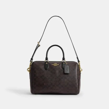 COACH®,Rowan Large Satchel Bag In Signature Canvas,Polyester,Leather,Canvas,Recycled Polyester,Satchel,Logo,Sustainable,Ad...,Brown