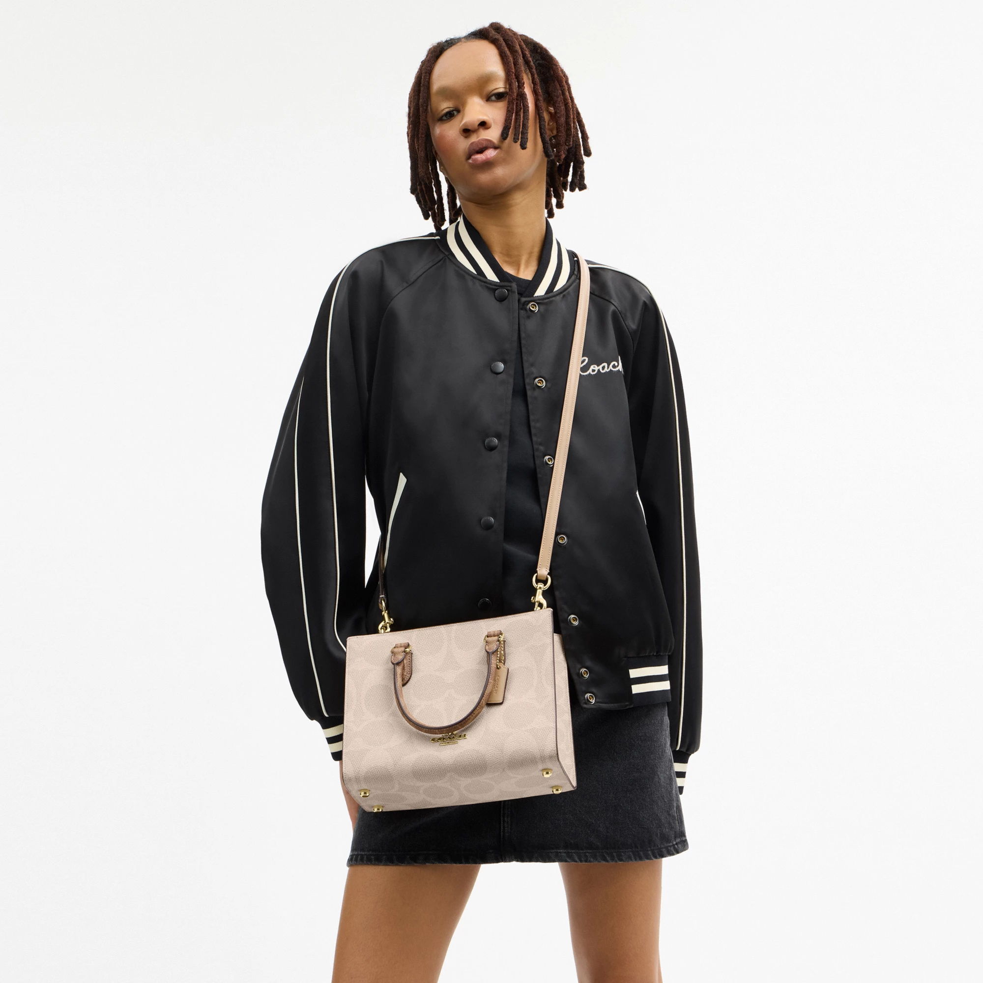 COACH®,Maggie Small Tote Bag In Blocked Signature Canvas,Leather,Canvas,Satchel,Casual,Beige,Detail View