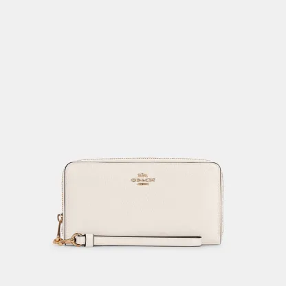COACH®,Long Zip Around Wallet,Leather,Wristlet,Continental,Gold Metal,Casual,Cream,Front View