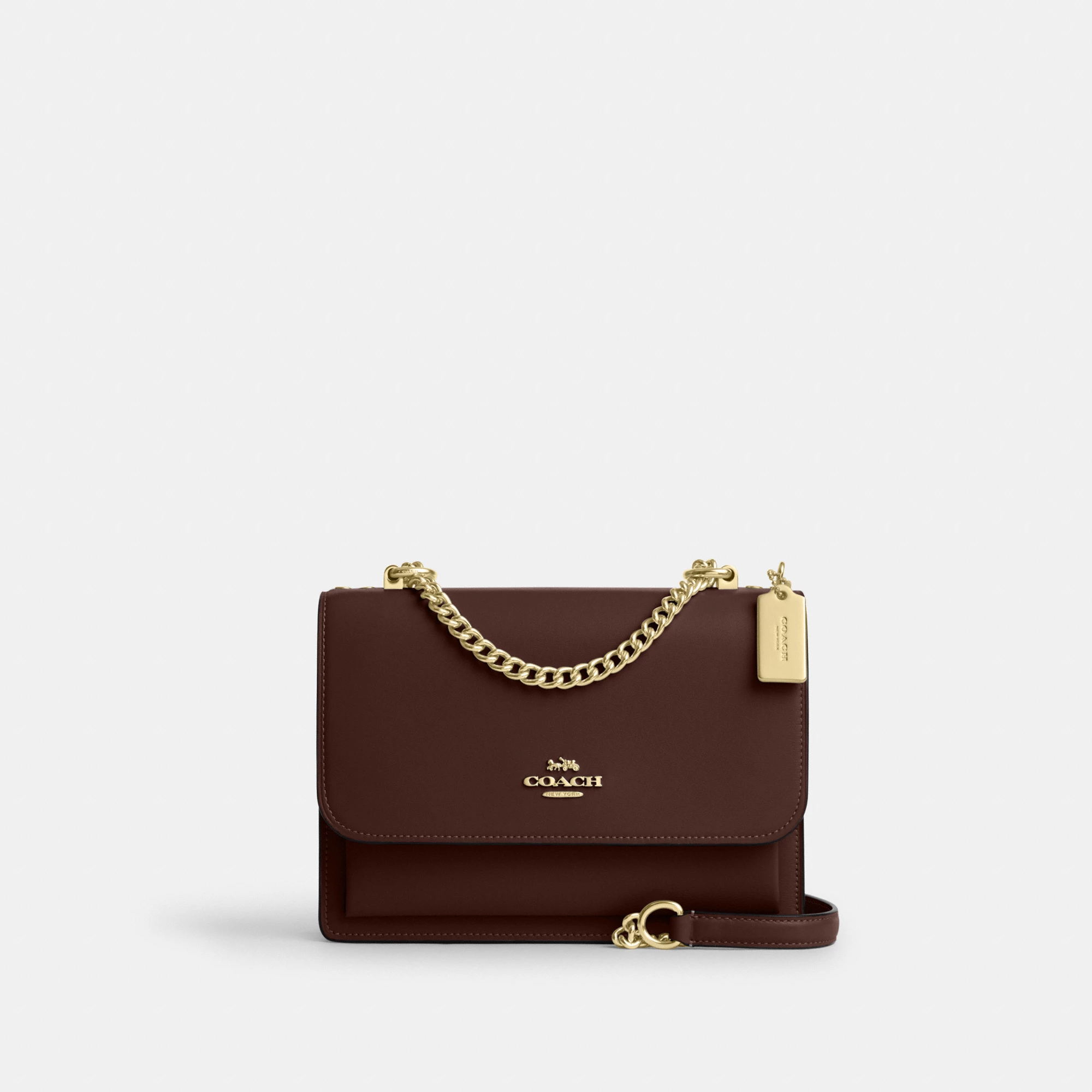 COACH®,Klare Crossbody Bag,Calfskin Leather,Leather,Crossbody,Metal,Logo,Luggage Tag,Adjustable,Lined,Compact,Gold Metal,D...,Brown,Front View